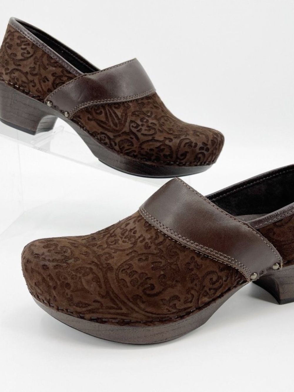 Dansko Prima Brown embossed suede leather clogs size 41EU